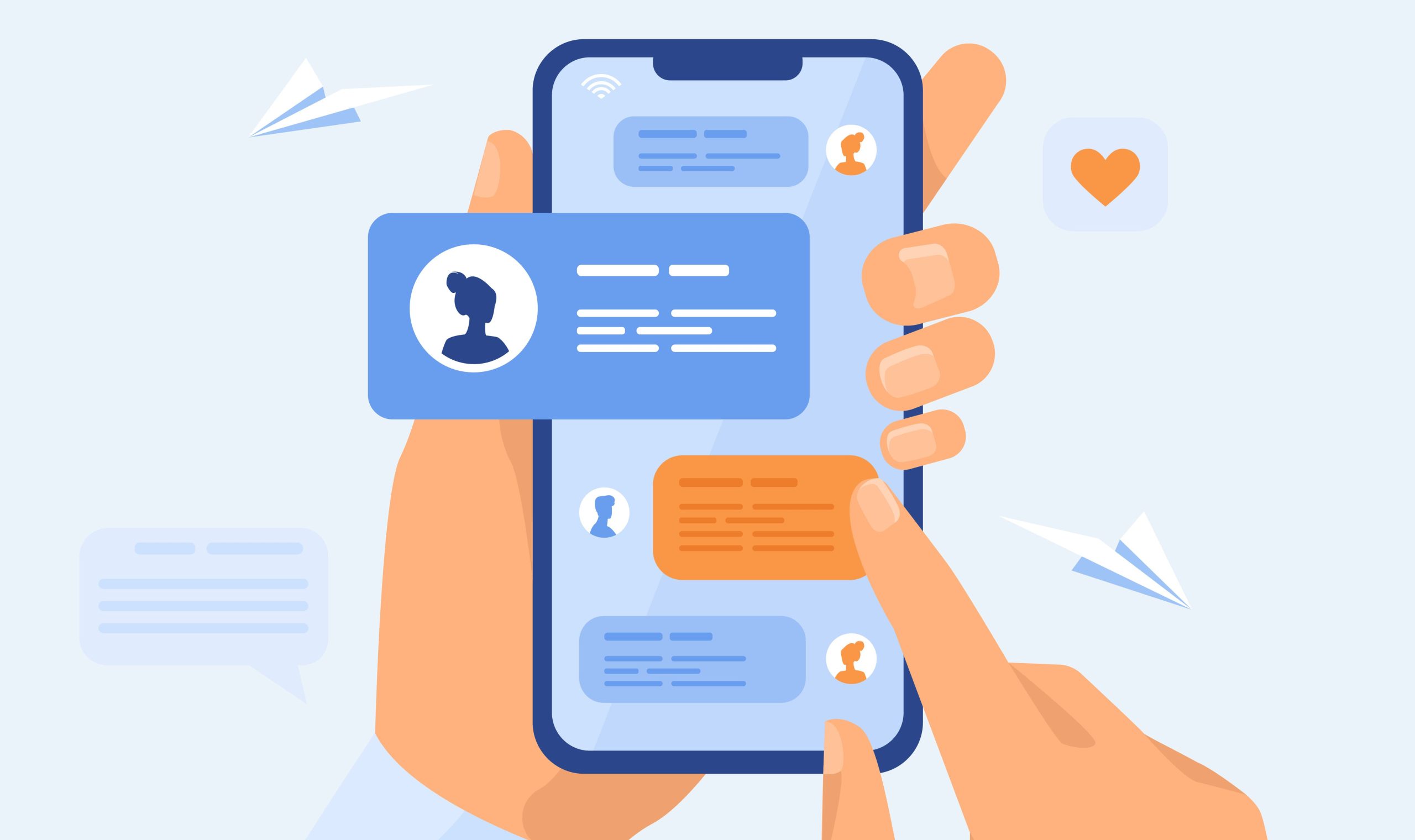 Human hand holding mobile phone with text messages Chatbot adapted to help patients during COVID-19 pandemic