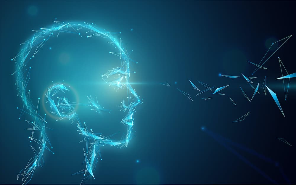 Ai concept vector background. Abstract artificial human head with eyes light. Digital future vision illustration Breakthrough in gene therapy-based eye treatment