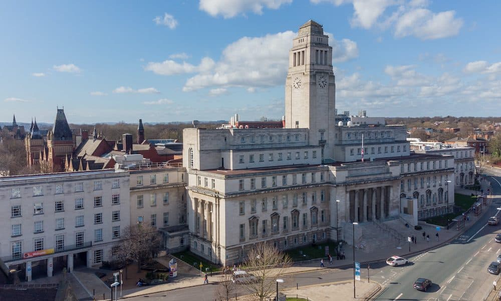 Leeds university great Hall and entrance, aerial view looking north at the university New UK centre to speed development of health tech