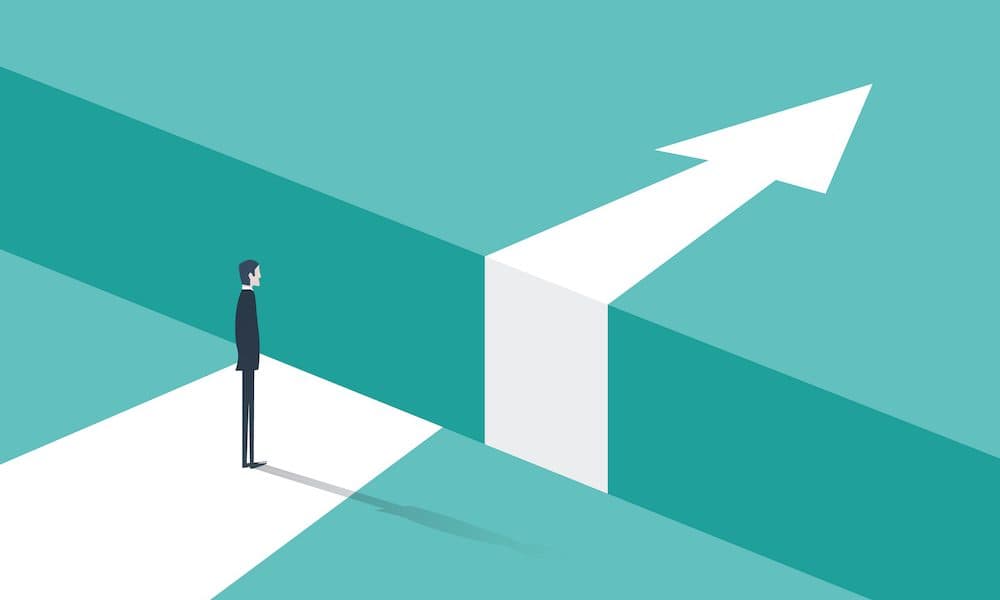 Business challenge or obstacle vector concept with businessman standing on the edge of gap, chasm with arrow going through. Concept of courage, bravery, risk. The hard problem for medtech entrepreneurs