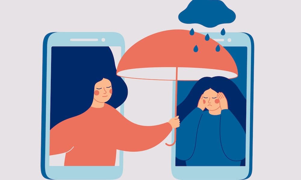 Girl comforts her sad friend over the phone. Woman consoles and cares about girl with psychological problems. Concept of support and aid for people under stress and depression over online services. A pivotal year in digital mental health progress