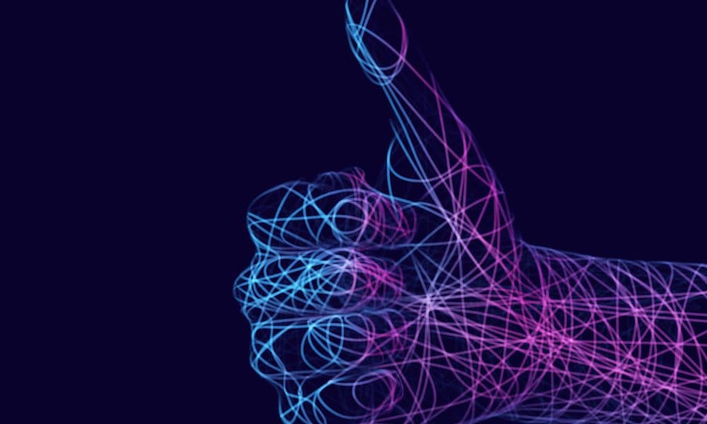 Concept of social network and media: digital human hand with thumb up gesture. 3D like symbol in cyberspace. Virtual reality abstract background. EPS 10, vector illustration. Health tech’s most impactful start-ups recognised