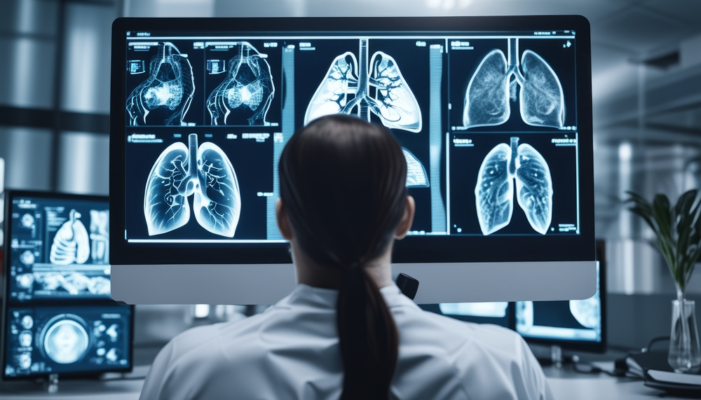woman-white-shirt-looking-computer-screen-with-multiple-images-lungs-it Optellum launches first thorax CT foundation model for precision lung care